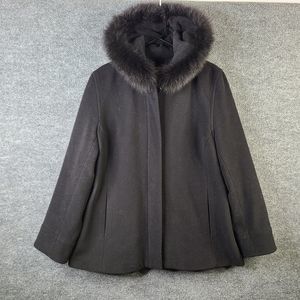 Sachi Collection Jacket Womens L Wool Cashmere Fox Fur Trim Black Winter Coat